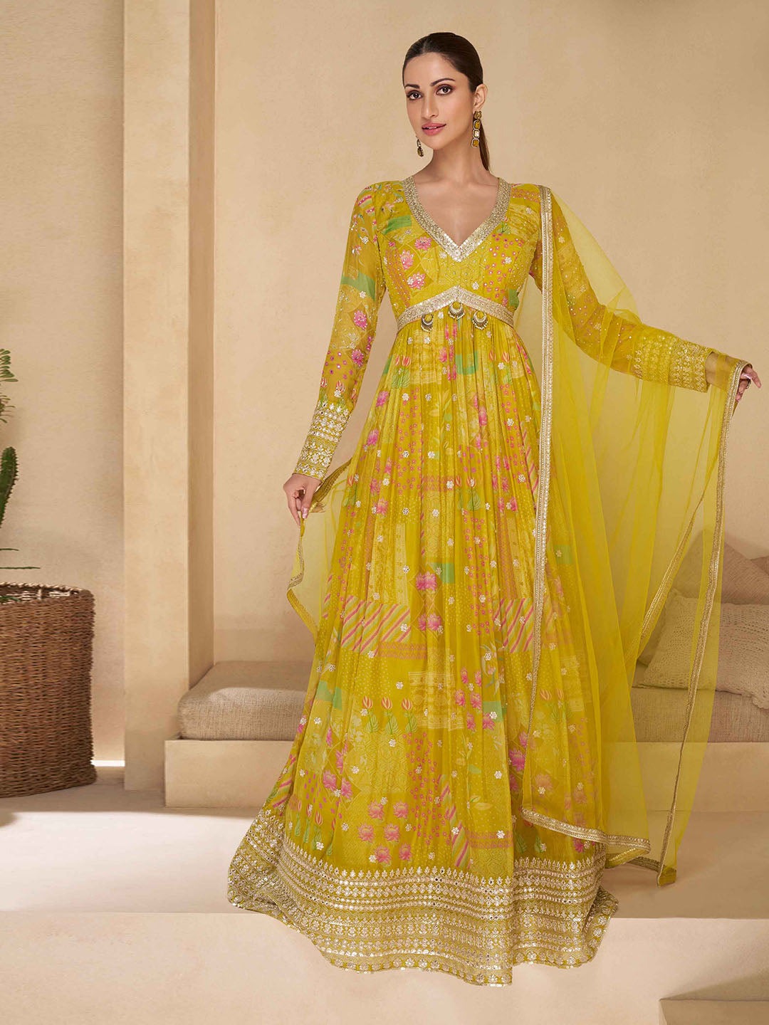 Printed &amp; Embroidered Georgette Gown With Dupatta