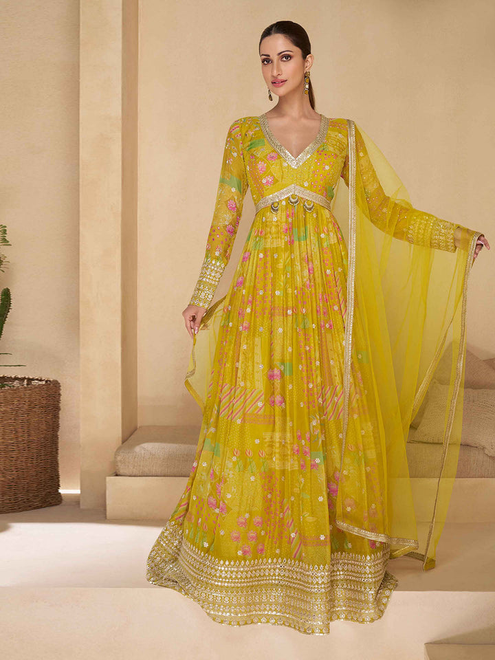 Printed &amp; Embroidered Georgette Gown With Dupatta
