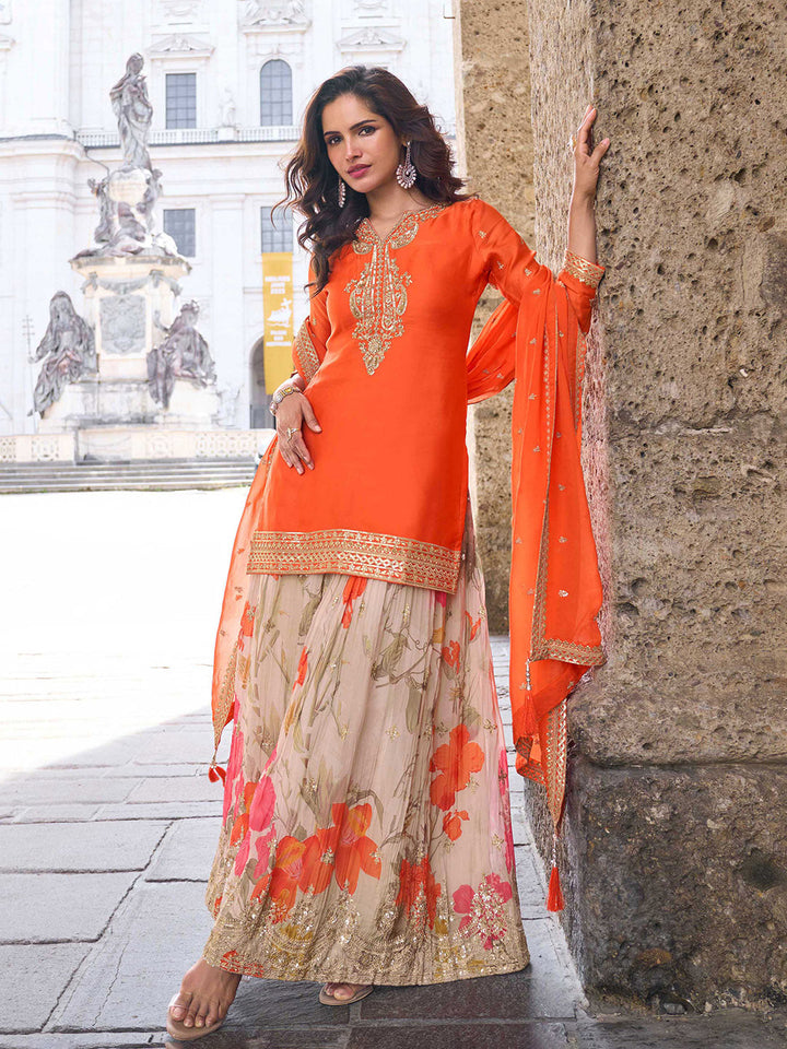 Embroidered Chinon Kurti With Gharara &amp; Dupatta