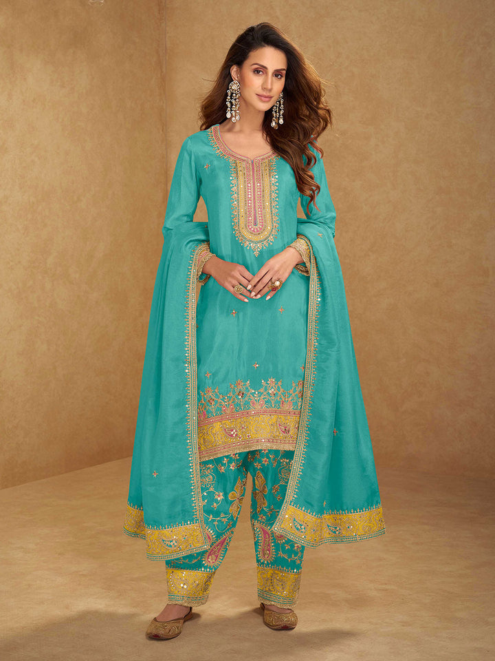 Embroidered Simmar Silk Kurta With Pant &amp; Dupatta