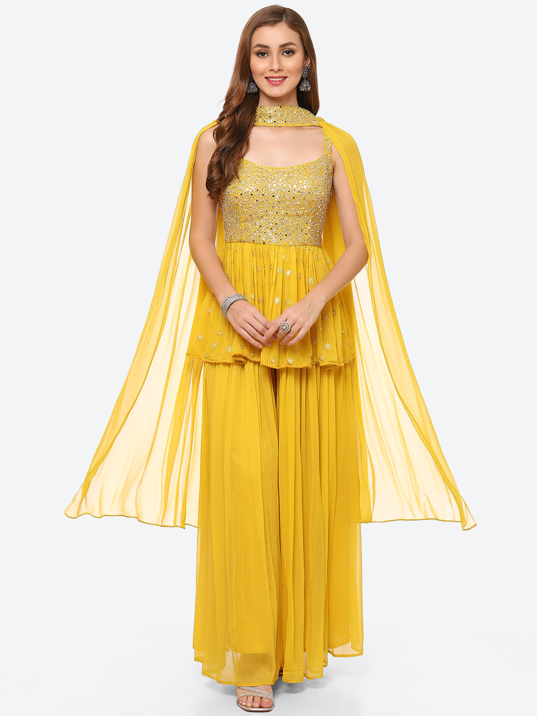 Mirror Neck Embroidered Georgette Peplum Kurti With Garara & Georgette Dupatta