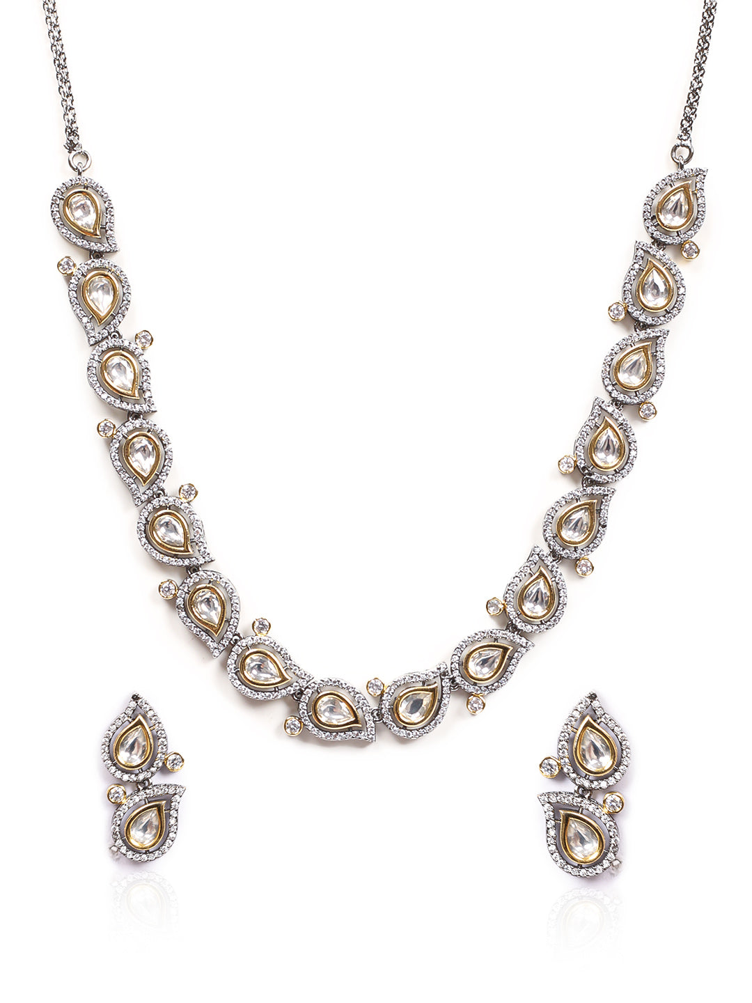 Golden &amp; White Kundan Necklace Set With Earrings