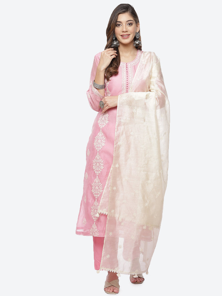 Resham Booti Cotton Stitched Salwar Kameez With Embroidered Chanderi Dupatta