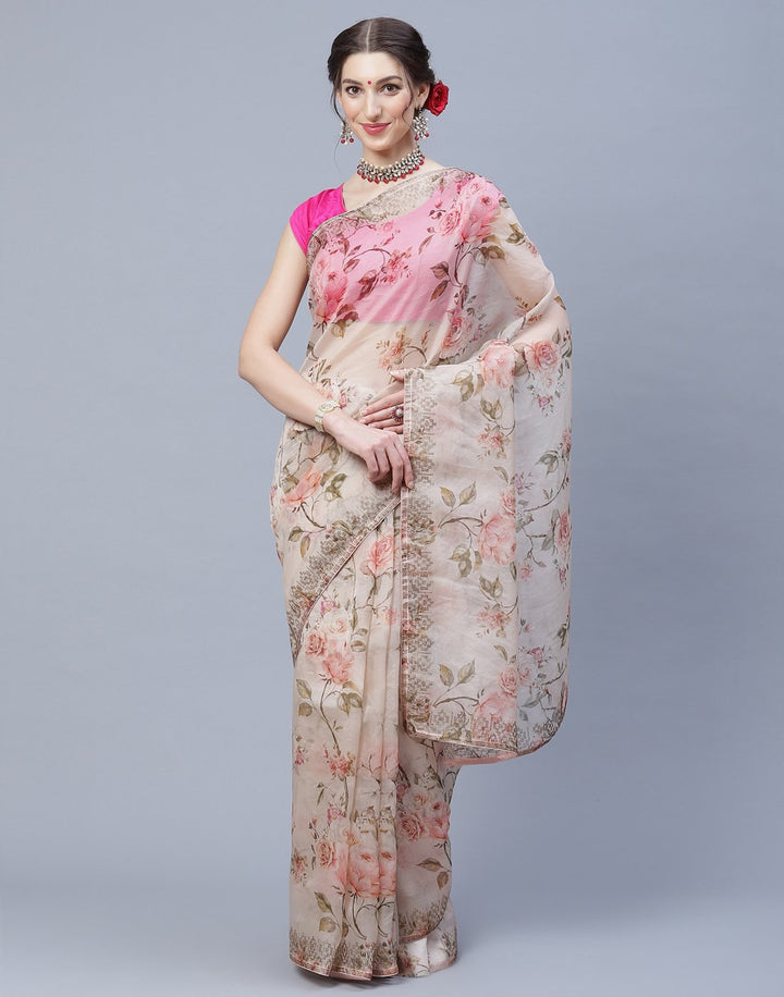 Digital Floral Printed Kora Saree with Stone Work Border