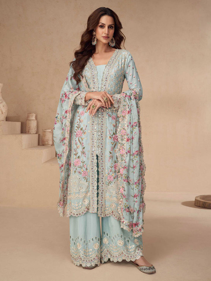 Embroidered Chinon Silk Kurta With Plazzo &amp; Dupatta
