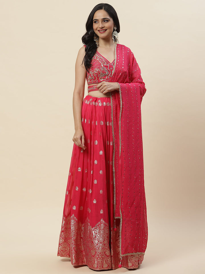 Zari Booti Embroidered Organza Choli With Lehenga &amp; Dupatta