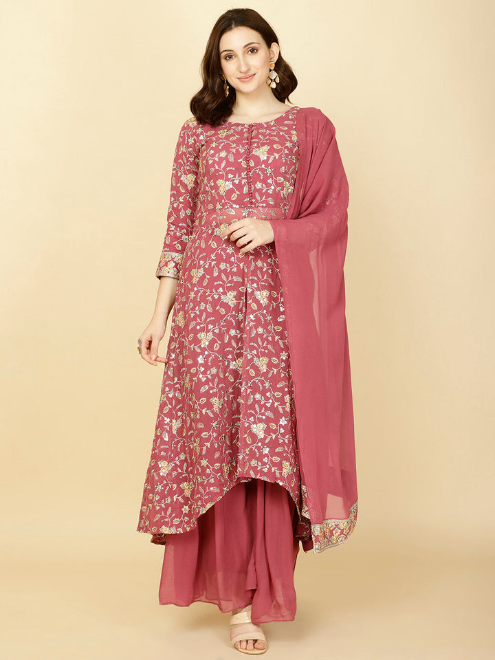 Resham Sequin Embroidery Georgette Kurta With Sharara &amp; Dupatta