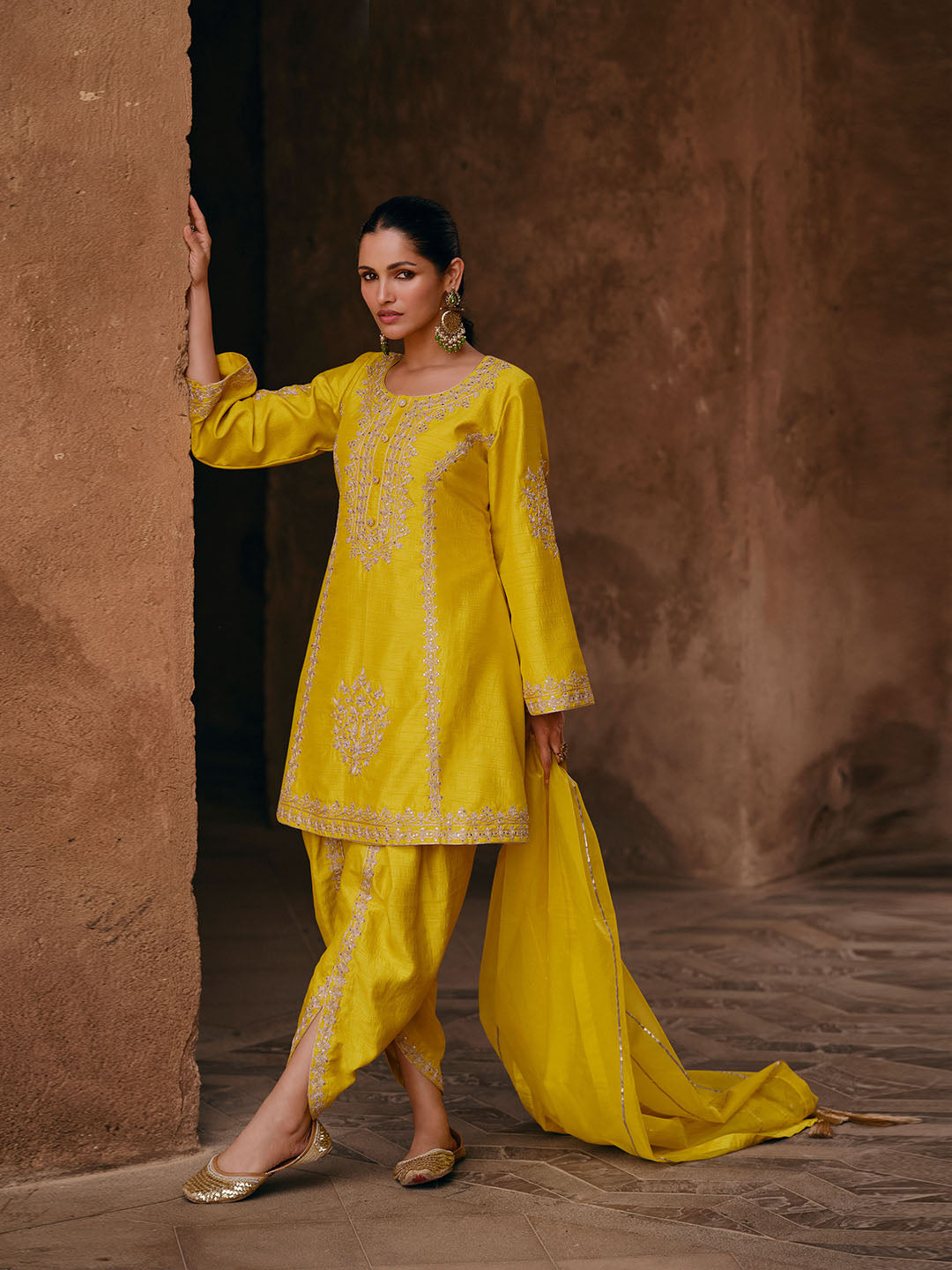 Resham Sequin Work Chinnon Kurti With Dhoti &amp; Dupatta