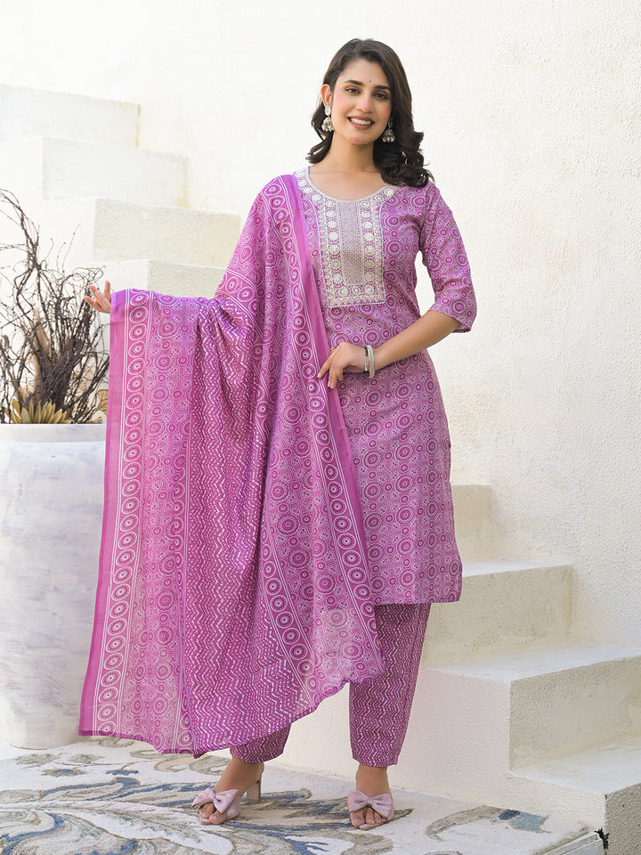 Floral Printed Cotton Kurta With Pants &amp; Dupatta