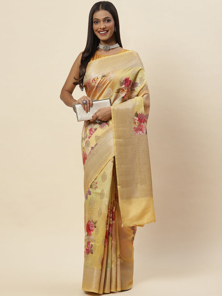 Digitally Floral Printed Tussar Saree
