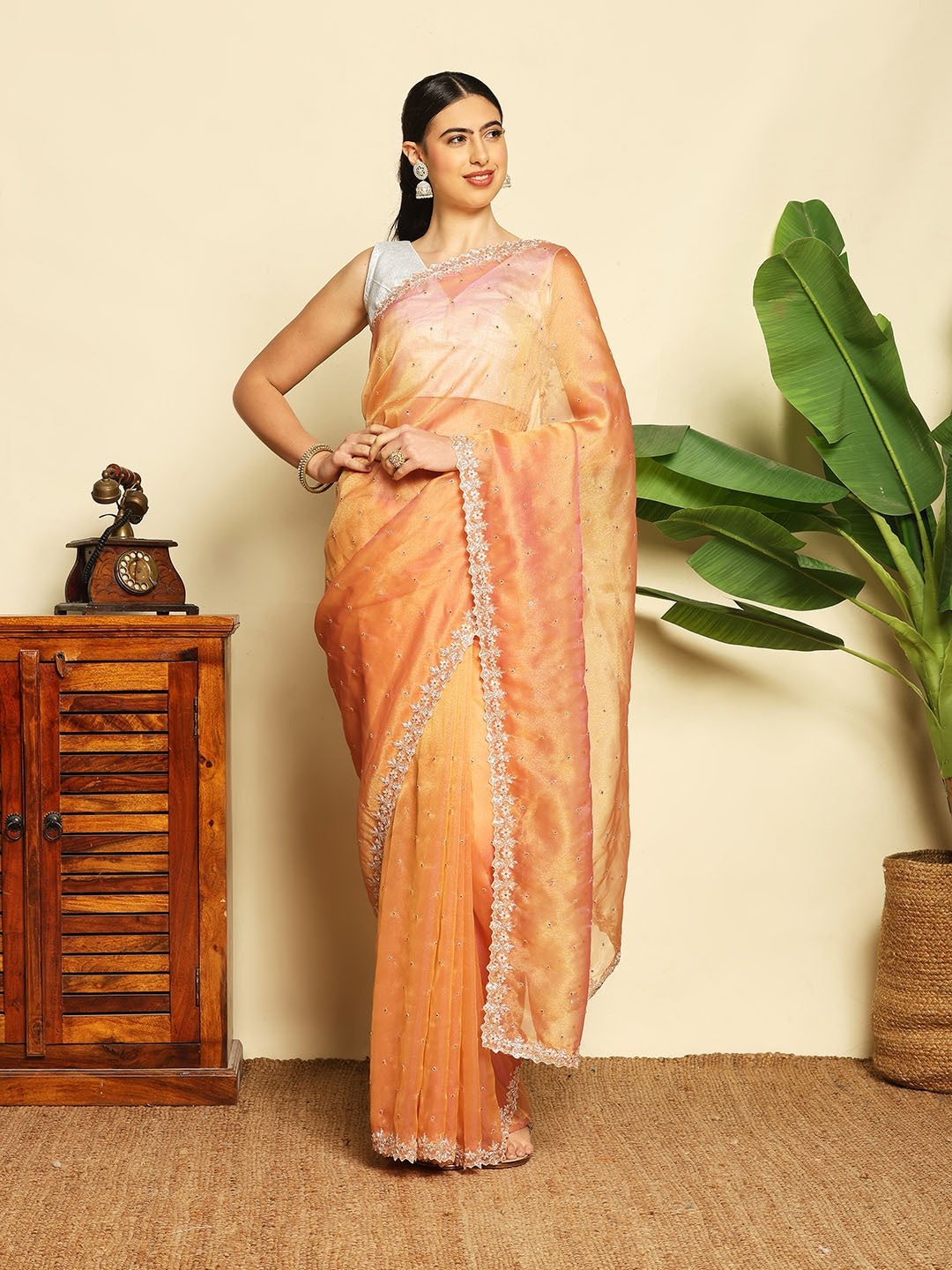 Cut Work &amp; Stone Embellished Tissue Saree