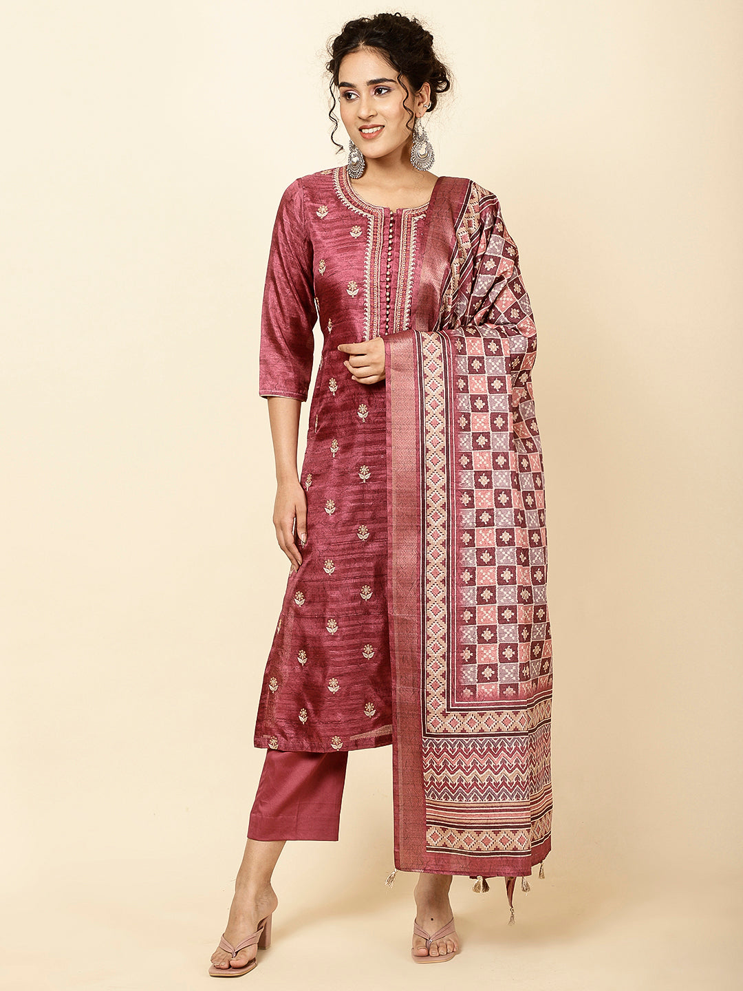 Embroidered Tussar Kurta With Pants &amp; Dupatta