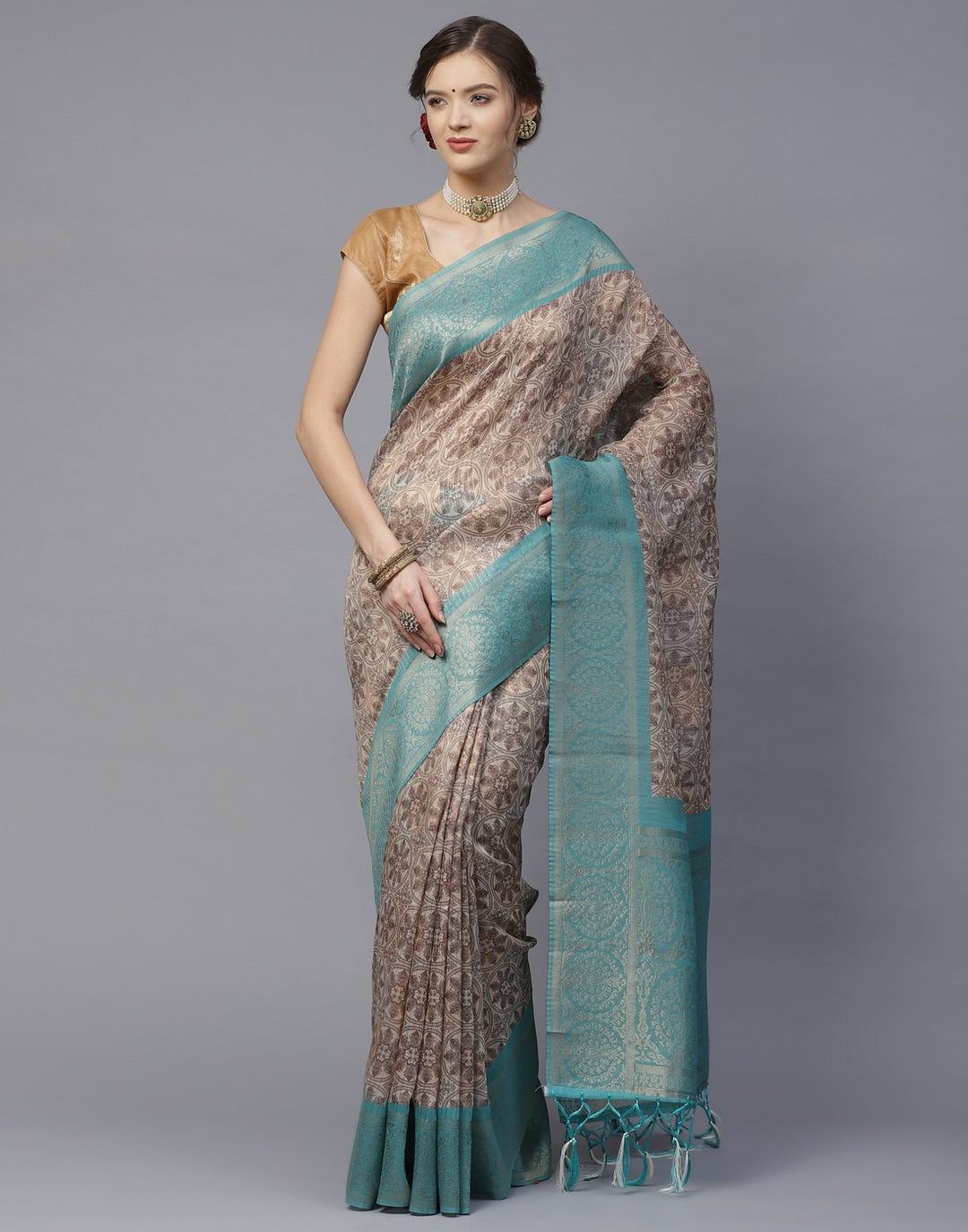 Floral Print With Contrast Border Cotton Chanderi Saree