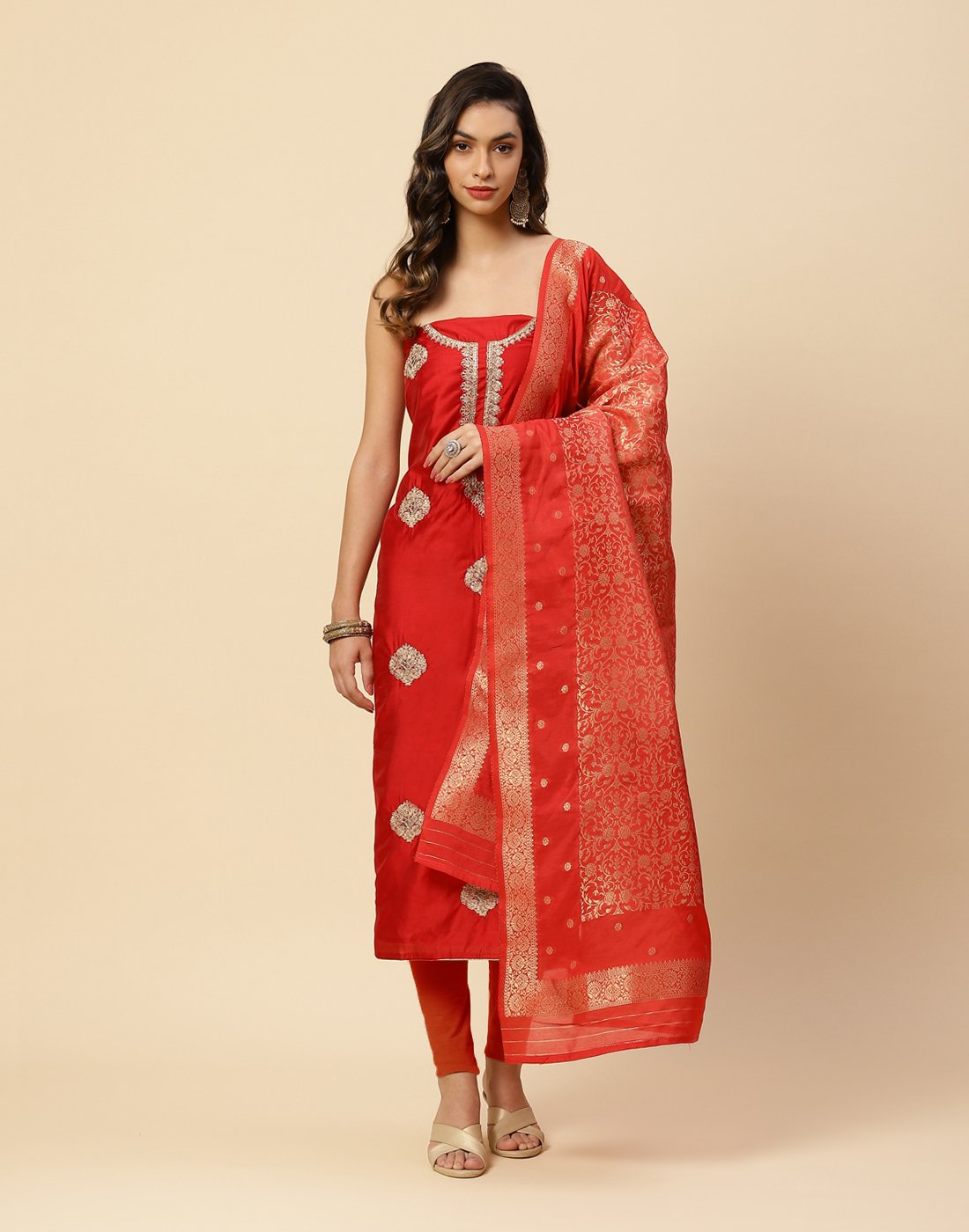 Embroidered Chanderi Suit Piece With Chanderi Banarasi Dupatta
