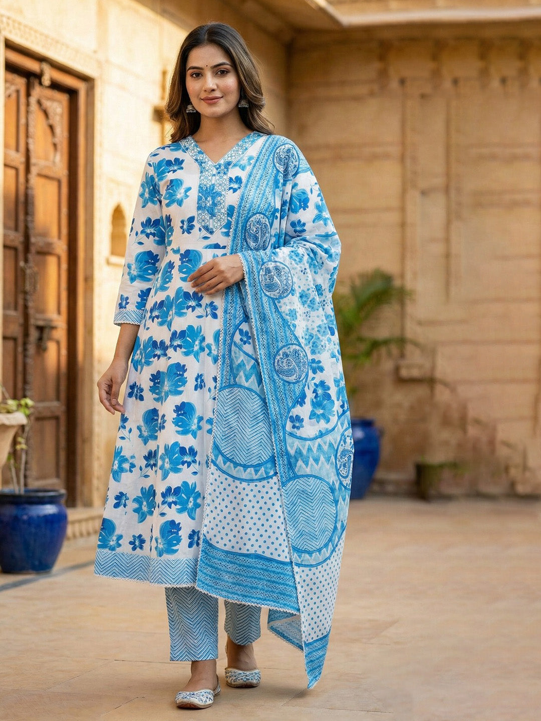 Printed Cotton Blend Kurta With Pant &amp; Dupatta