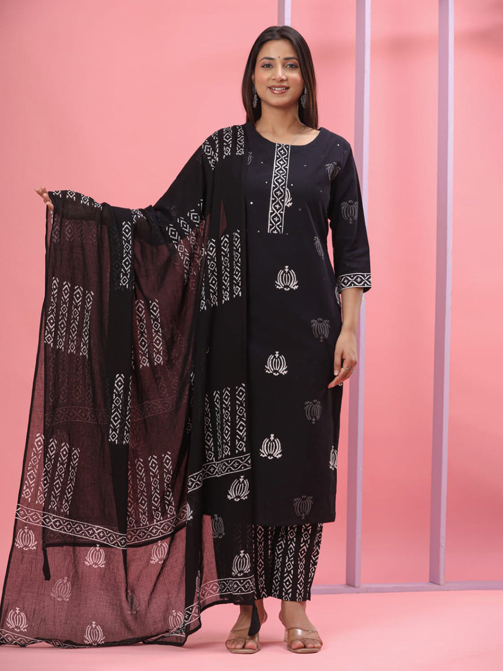 Black Embroidered Cotton Blend Straight Suit Set With Dupatta