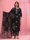 Black Embroidered Cotton Blend Straight Suit Set With Dupatta