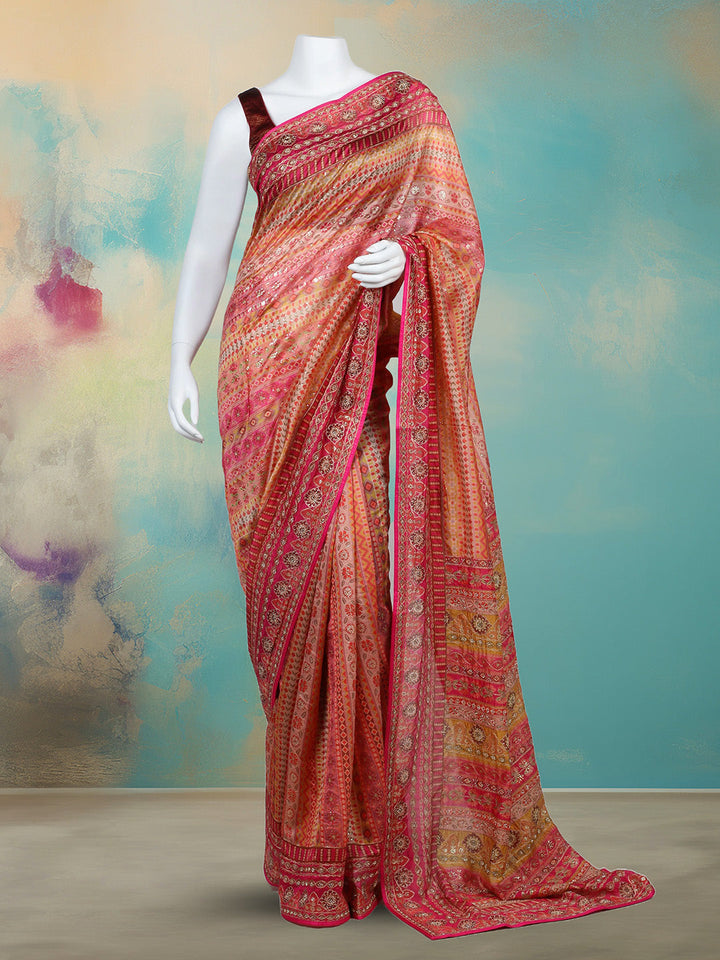 Printed &amp; Embellished Organza Saree