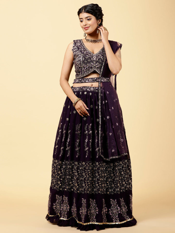 Zari Embroidered Georgette Choli With Lehenga &amp; Dupatta