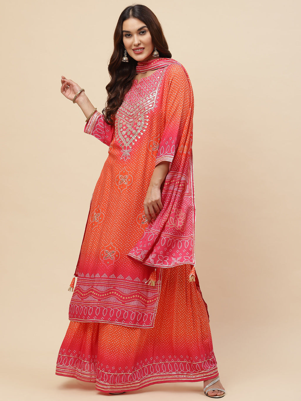 Bandhani Printed Muslin Kurta With Sharara With Dupatta