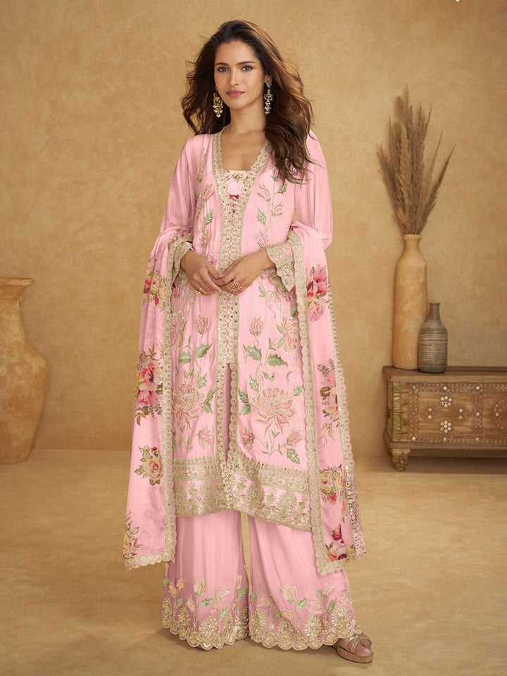 Embroidered Chinnon Kurta With Plazzo &amp; Dupatta