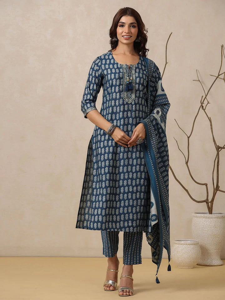 Block Printed Muslin Kurta With Pants &amp; Dupatta