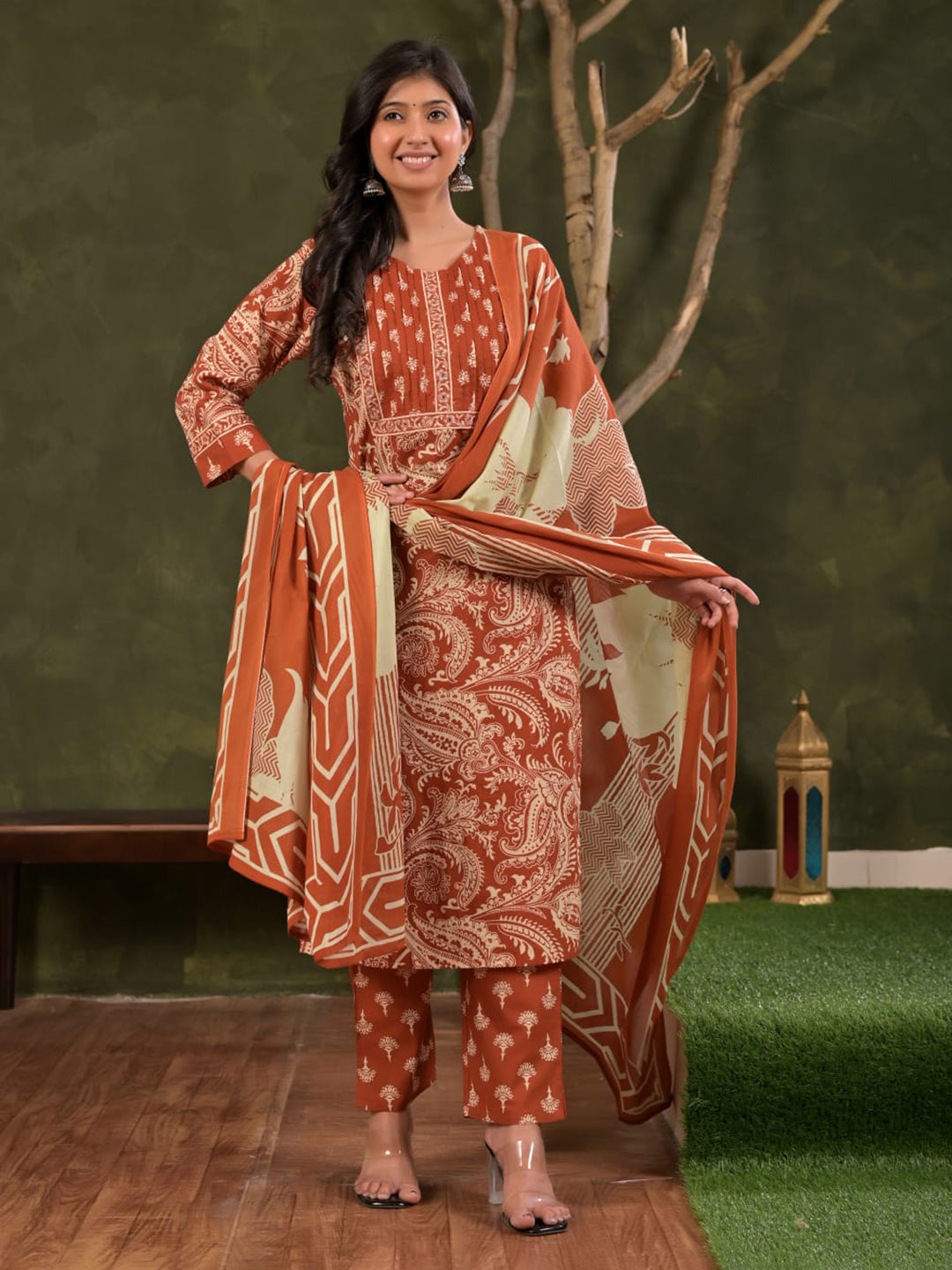 Red Embroidered Cotton Blend Straight Suit Set With Dupatta
