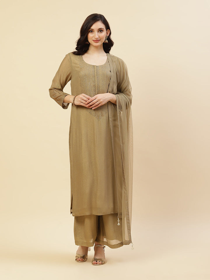 Embroidered Georgette Kurti With Palazzo And Dupatta