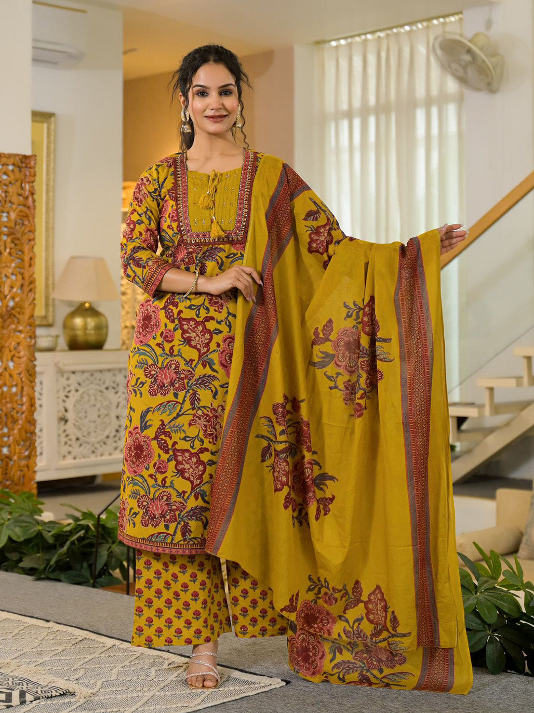 Printed Cotton Blend Kurta With Pants &amp; Dupatta