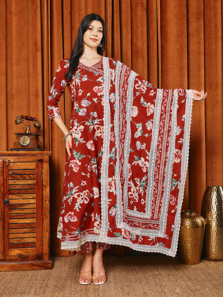 Printed Cotton Blend Kurta With Pants &amp; Dupatta