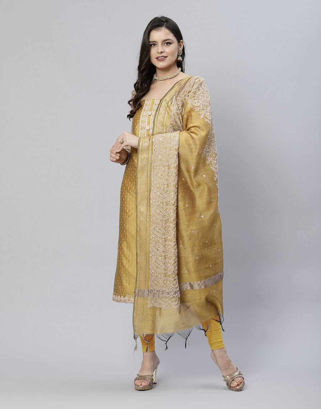 Printed Chanderi Suit Piece With Embroidered Yoke And Dupatta