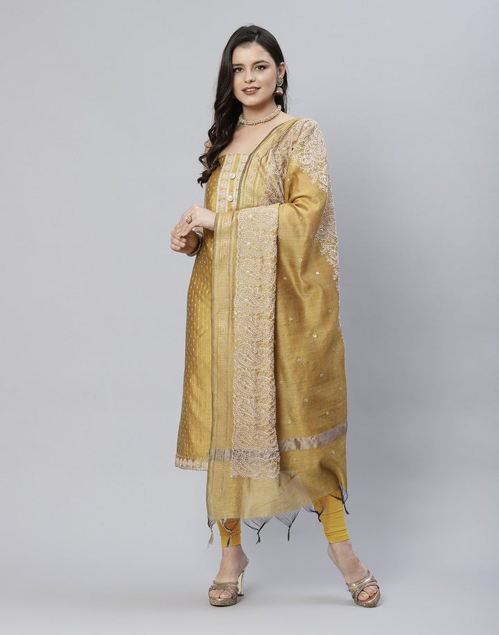 Printed Chanderi Suit Piece With Embroidered Yoke And Dupatta