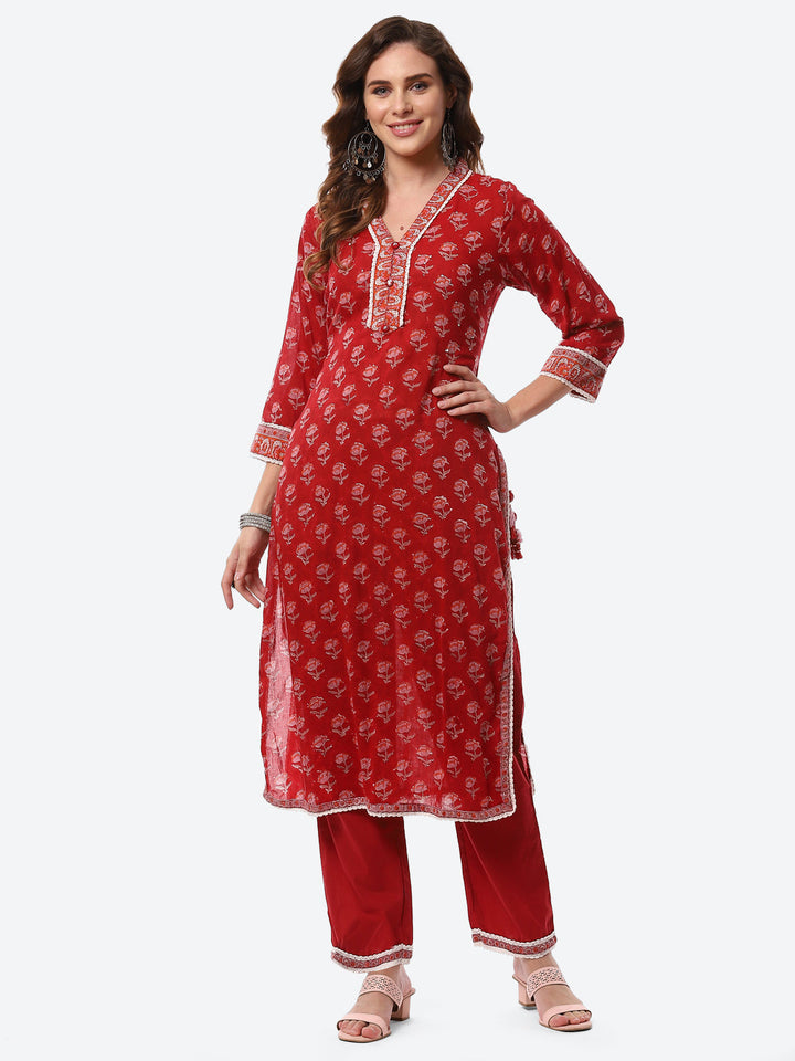 Floral Printed Cotton Kurta With Pants