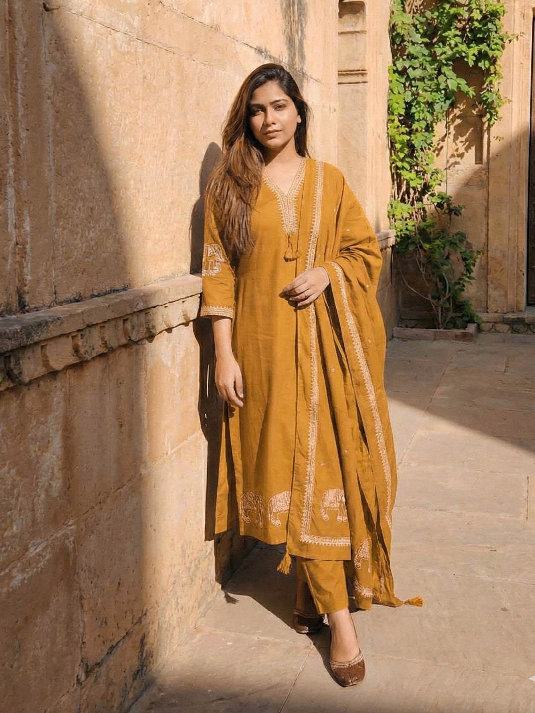 Printed Cotton Blend Kurta With Pant &amp; Dupatta