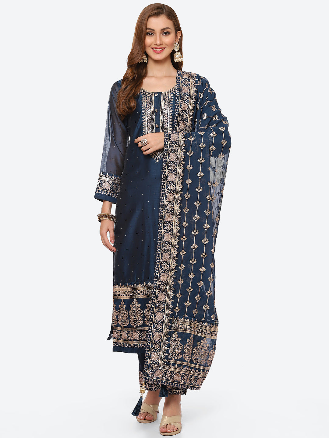 Zari Ghera Chanderi Kurta With Pant &amp; Chanderi Dupatta