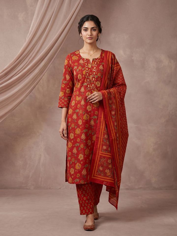 Rani Embroidered Cotton Blend Straight Round Neck Suit Set