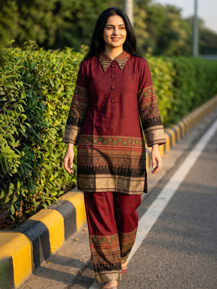 Maroon Printed Muslin Collar Neck Kurta Set