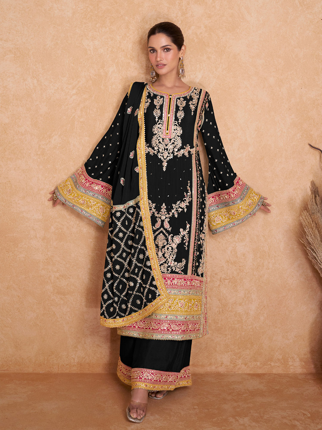 Embroidered Chinon Kurta With Plazzo &amp; Dupatta