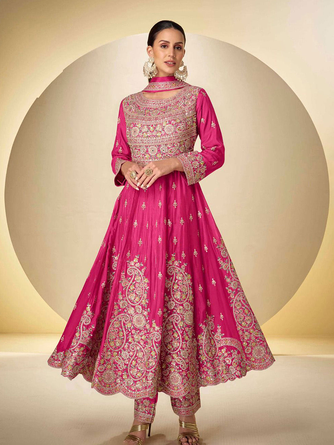 Embroidered Chinnon Suit With Pant &amp; Dupatta