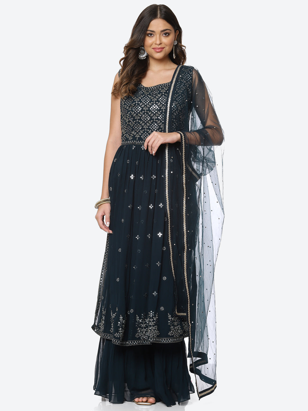 Resham Mirror Georgette Kurta With Palazzo &amp; Dupatta
