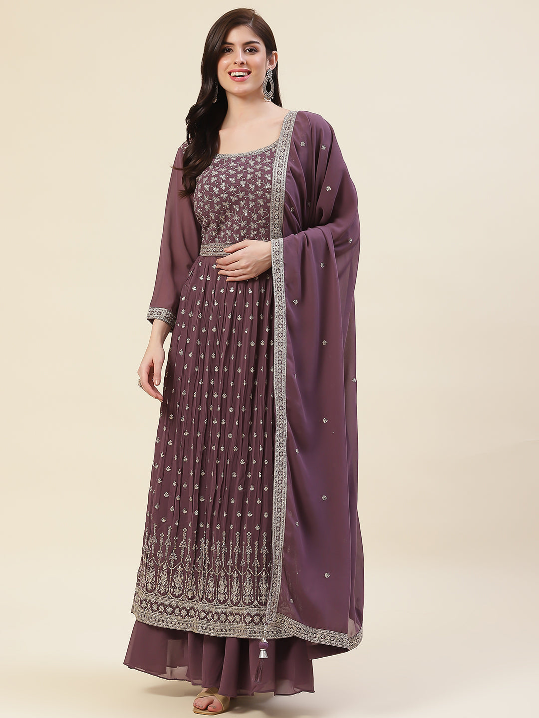 Zari Embroidered Booti Georgette Kurta With Palazzo &amp; Dupatta
