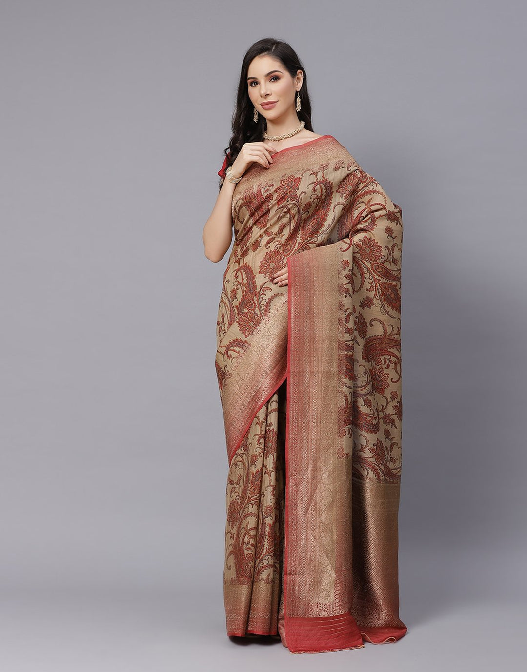 Printed Tussar Saree With Antique Zari Border