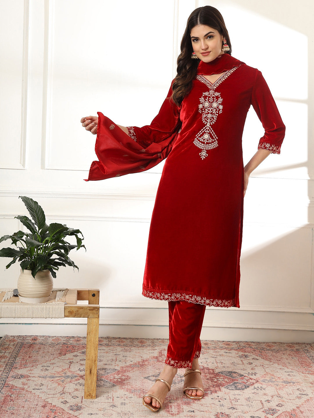 Zari Neck Embroidered Velvet Kurta With Pants &amp; Dupatta