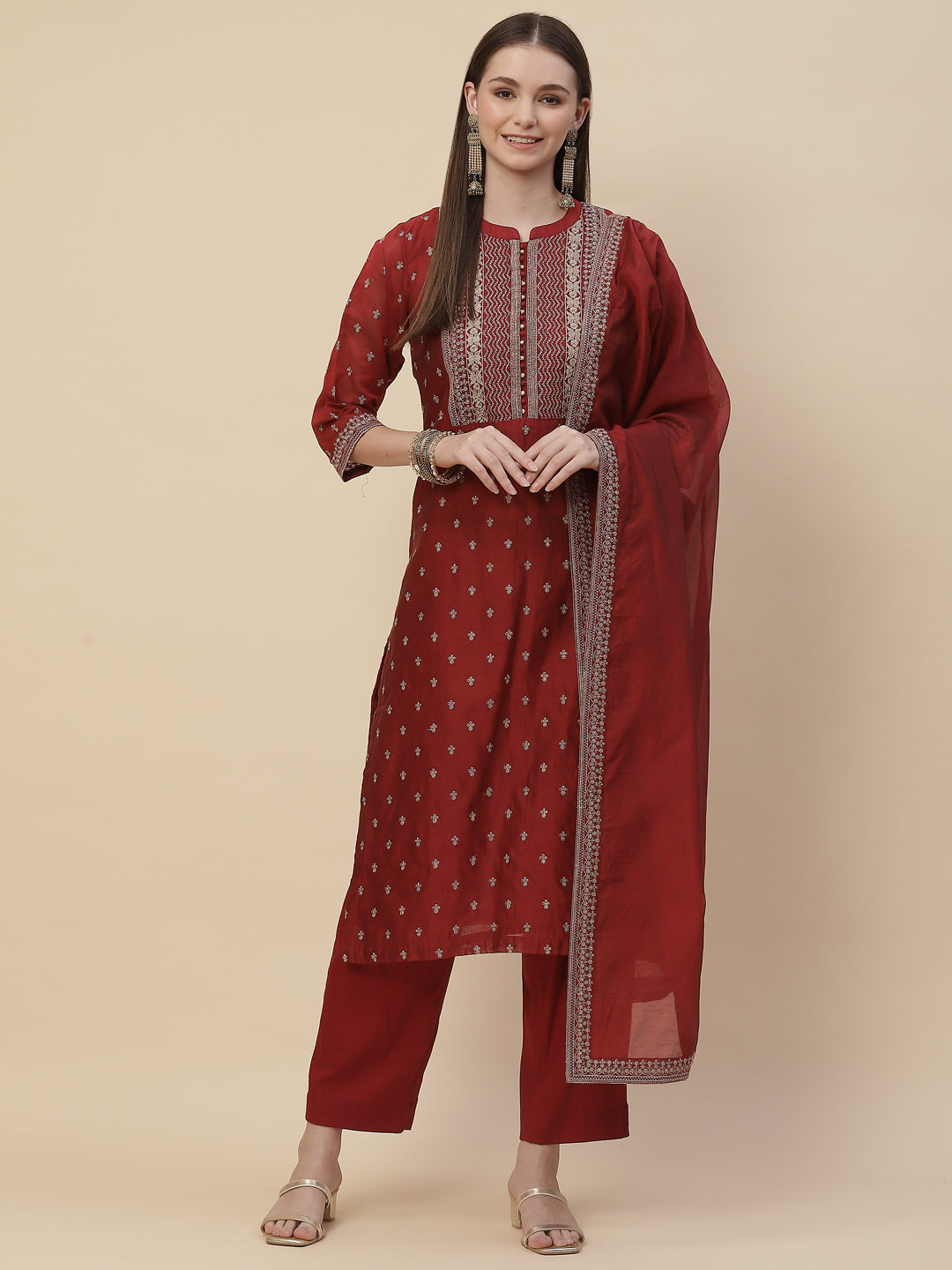Resham Booti Cotton Kurta With Pants &amp; Dupatta