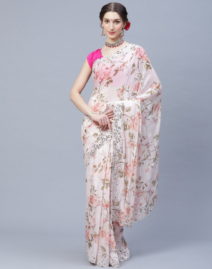 Digital Floral Printed Crepe Saree with Gota Patti Border