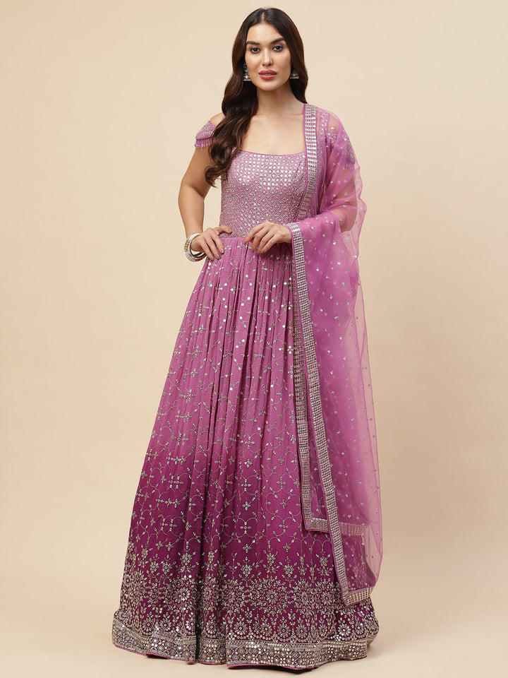 Sequin Embroidered Georgette Kurta With Churidar &amp; Dupatta