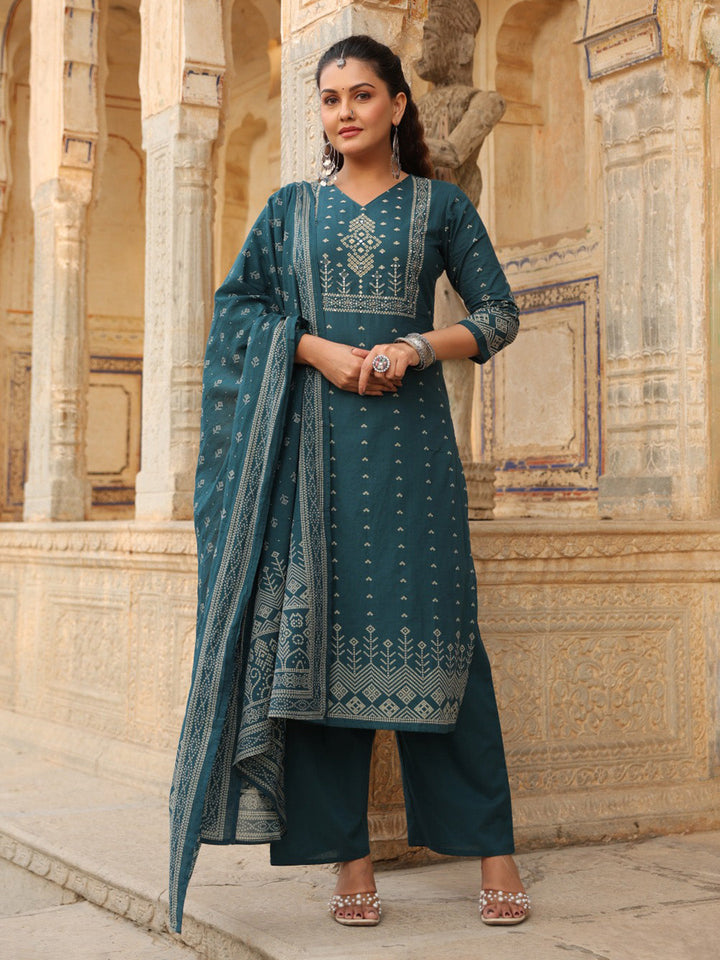 Navy Blue Cotton Blend Printed Straight Suit Set