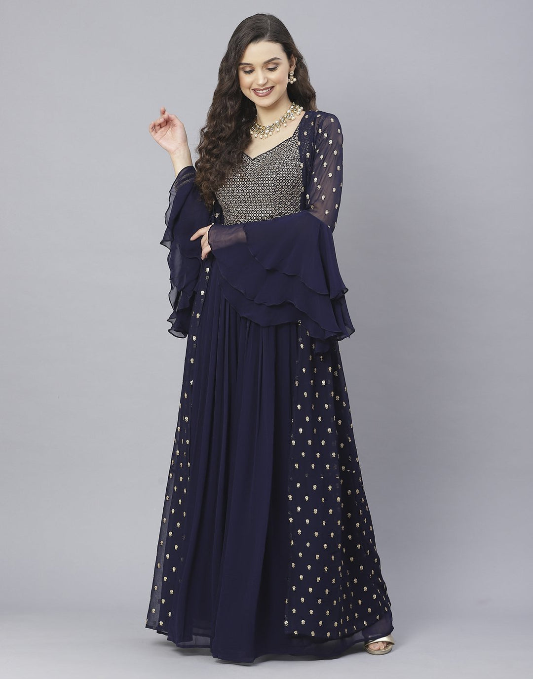 Bottle Green, Wine and Navy Blue Georgette Salwar Kameez with Shrug