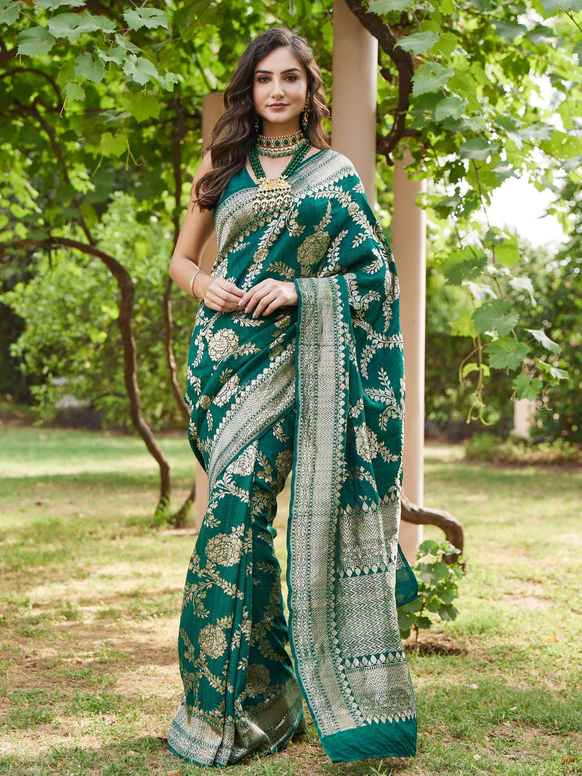 Printed Gold Jaal Banarsi Plain Saree
