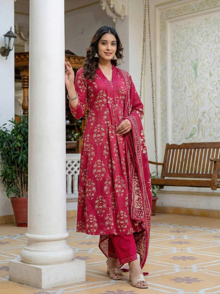 Wine Cotton Blend Printed Straight Suit Set